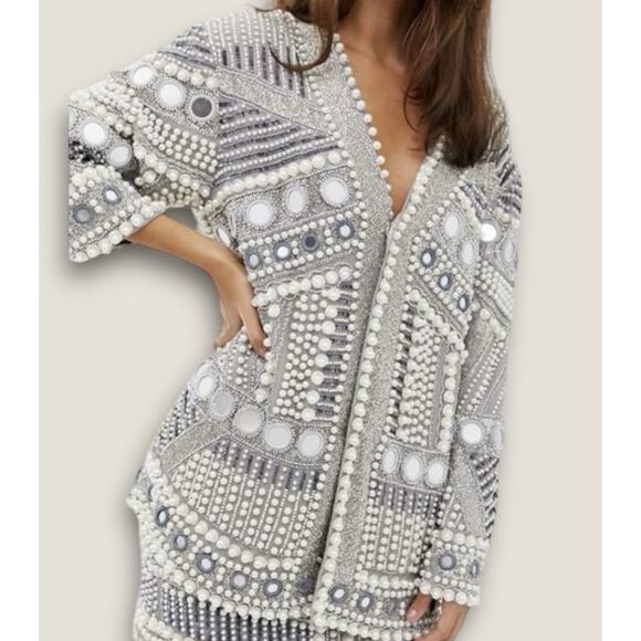 ASOS Edition Embellished Pearl & Bead Heavyweight Jacket Gray Size US 8 - Picture 5 of 16